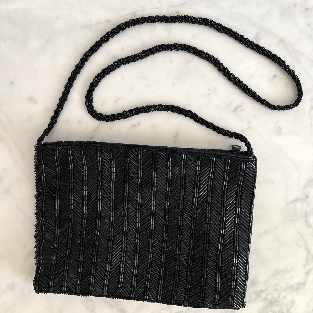 Vintage 70s Clovis Ruffin for Genie Beaded Black Evening Bag Deco Disco Era